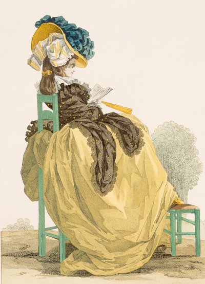 Lady reading in a garden in a simple yellow gown with brown shawl, plate no.223 from 